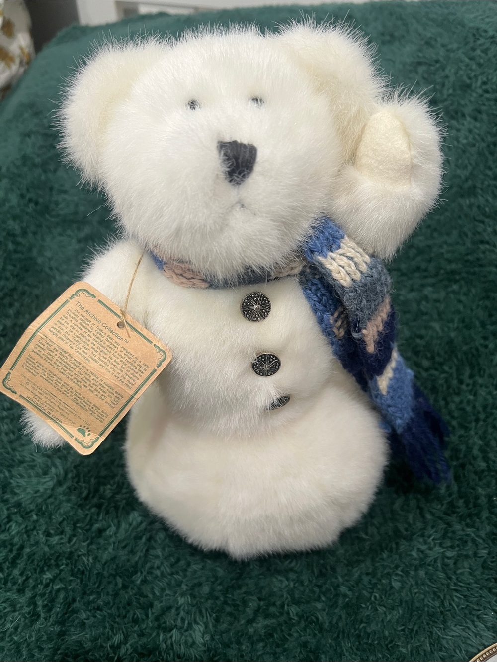 Boyds Bears White Plush Snow Bear with Blue and Tan Knit Scarf